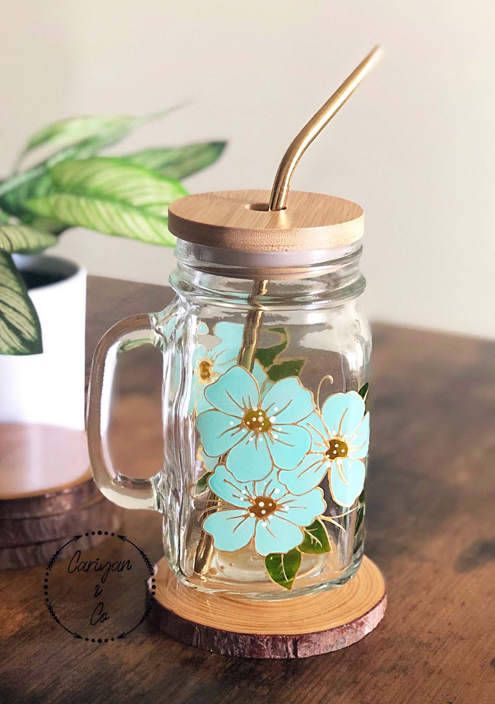 Iced Coffee Glass Mug Floral Coffee Mug Turquoise Coffee Cup - Etsy
