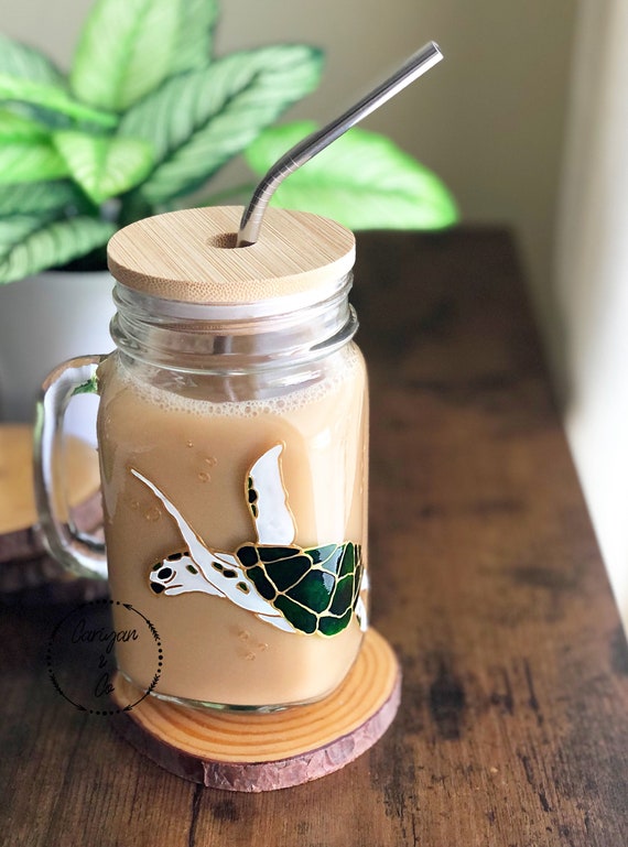 Iced Coffee Cup, Glass Cup, Travel Mug Cup, Hand Painted Glasses
