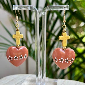 Corazón with Cross. Indigenous Collection. Mexican Folk Art. Mexican Inspired. Artisan Hypoallergenic. Polymer Clay. Heart Earrings