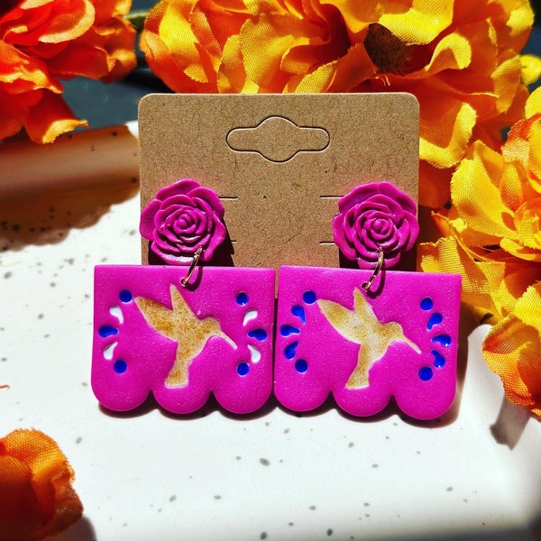 Papel Picado Colibri Earrings. Mexican Folk Art. Mexican Inspired. Minimalist. Organically Made. Artisan. Hypoallergenic. Polymer Clay.