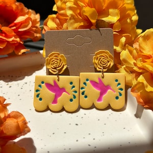 Papel Picado Colibri Earrings. Mexican Folk Art. Mexican Inspired. Minimalist. Organically Made. Artisan. Hypoallergenic. Polymer Clay.