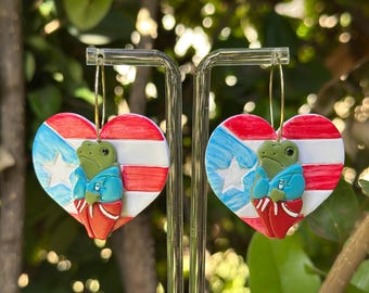 Puerto Rican Heart Frog Earrings – Polymer Clay Statement Jewelry. Puerto Rico. Sapo Concho. Bad Bunny. Coqui. DtMF