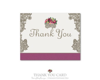 Premade Printable Thank You Card for Small Crafty Business Owners | Lace Floral Bouquet | Burgandy Taupe Beige Green | Thank You Template