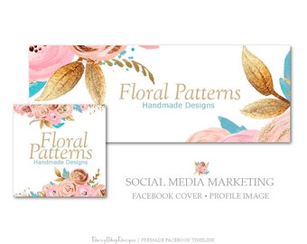 Premade Facebook Cover | Floral Roses Glitter Design Leaves-Social Media Marketing | Pink Peach Gold Blue White | Facebook Storefront