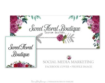 Premade Facebook Cover | Floral Boho Glitter Arrow Rose Leaves-Social Media Marketing | Burgundy Jade Silver Black | Facebook Storefront