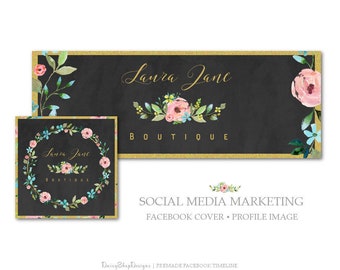 Premade Facebook Cover | Chalkboard Floral Laurel Wreath-Social Media Marketing | Gold Black Pink Green Blue | Facebook Storefront