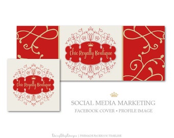 Premade Facebook Cover | Swirls Design Swirl Frame Jewel Crown-Social Media Marketing | Red Gold Beige | Facebook Storefront