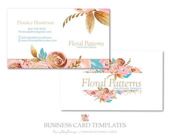 Premade Business Card Design | Floral Rose Glitter Leaves | Pink Gold Peach Blue White | Business/Calling Card Printing Templates