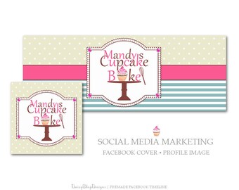 Premade Facebook Cover | Stripes Polka Dots Cupcake Bakery-Social Media Marketing | Pink Brown Teal Yellow | Facebook Storefront