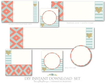 Premade DIY Instant Download | Etsy Basic Facebook Cover Business Card | Boho Stripes Hearts | Coral Teal Gold | Etsy Marketing Package