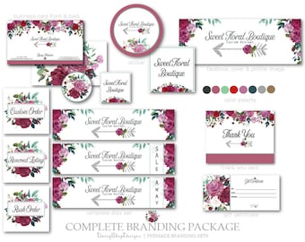 Premade Branding Set | Floral Branding Kit-Glitter Arrow Rose Leaves Branding Logo | Burgundy Jade Silver Black | Etsy Branding Package