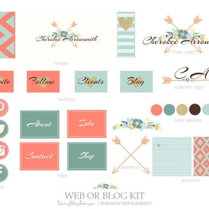 Premade Web Blog Kit Bohemian Tribal Web Blog Theme-Boho Floral Dual Arrows Branding Logo Coral Teal Brown Blogger Website Header image 1