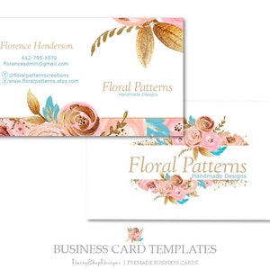 Premade Business Card Design Floral Rose Glitter Leaves Pink Gold Peach Blue White Business/Calling Card Printing Templates image 1