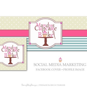 Premade Facebook Cover Stripes Polka Dots Cupcake Bakery-Social Media Marketing Pink Brown Teal Yellow Facebook Storefront image 1