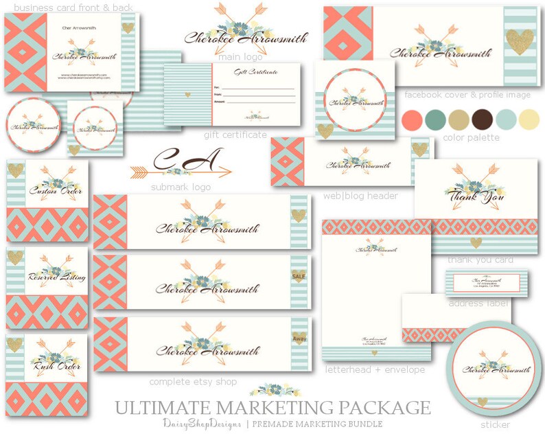 Premade Marketing Set Bohemian Tribal Marketing Kit-Boho Floral Arrow Marketing Logo Coral Teal Brown Yellow Etsy Marketing Package image 1