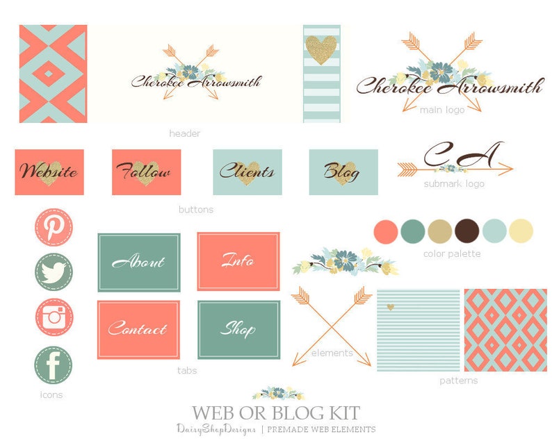 Premade Web Blog Kit Bohemian Tribal Web Blog Theme-Boho Floral Dual Arrows Branding Logo Coral Teal Brown Blogger Website Header image 1