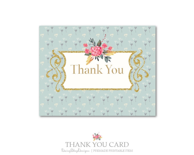 Thank You Template Gold Cyan Pink Floral Glitter Swirl Frame Premade Printable Thank You Card for Small Crafty Business Owners