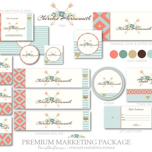 Premade Marketing Set Bohemian Tribal Marketing Kit-Boho Floral Arrow Marketing Logo Coral Teal Brown Yellow Etsy Marketing Package image 3