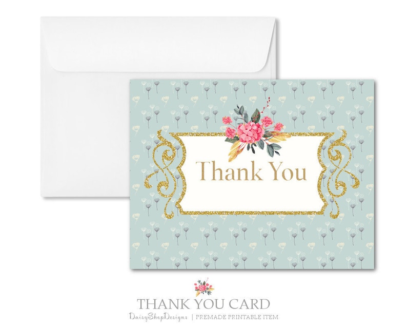 Thank You Template Gold Cyan Pink Floral Glitter Swirl Frame Premade Printable Thank You Card for Small Crafty Business Owners