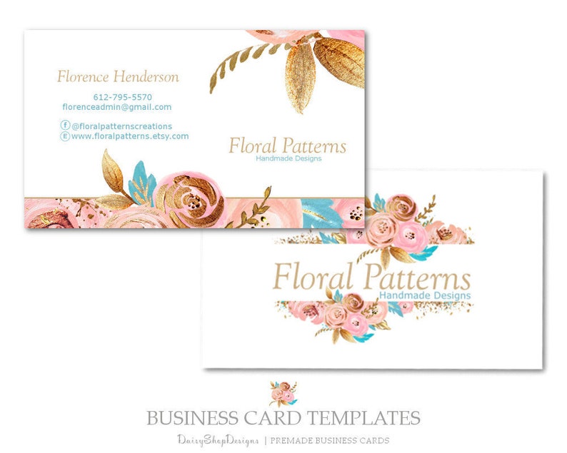 Premade Business Card Design Floral Rose Glitter Leaves Pink Gold Peach Blue White Business/Calling Card Printing Templates image 1