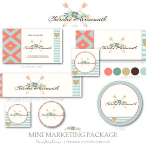 Premade Marketing Set Bohemian Tribal Marketing Kit-Boho Floral Arrow Marketing Logo Coral Teal Brown Yellow Etsy Marketing Package image 5