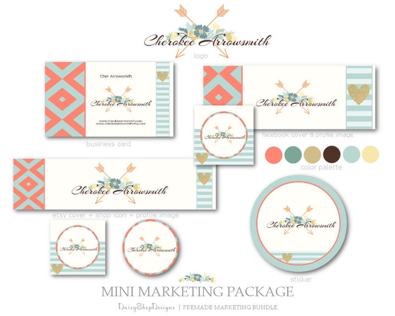 Premade Marketing Set Bohemian Tribal Marketing Kit-Boho Floral Arrow Marketing Logo Coral Teal Brown Yellow Etsy Marketing Package image 5