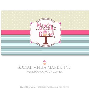 Premade Facebook Cover Stripes Polka Dots Cupcake Bakery-Social Media Marketing Pink Brown Teal Yellow Facebook Storefront image 2