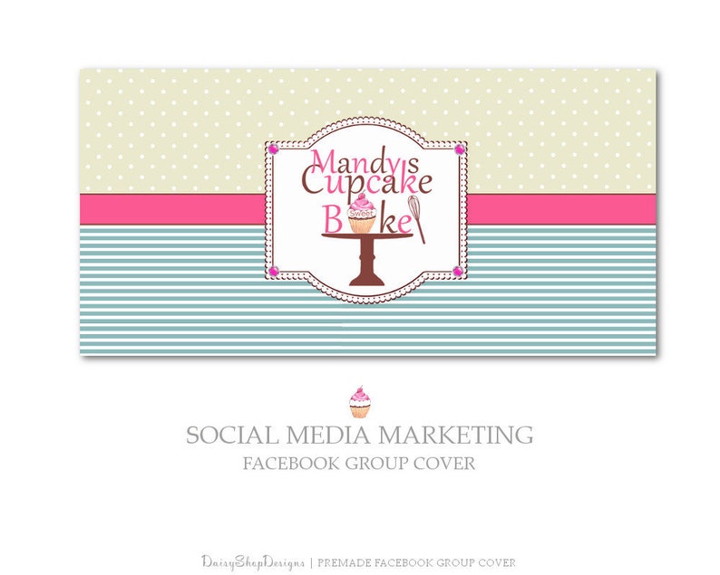 Premade Facebook Cover Stripes Polka Dots Cupcake Bakery-Social Media Marketing Pink Brown Teal Yellow Facebook Storefront image 2