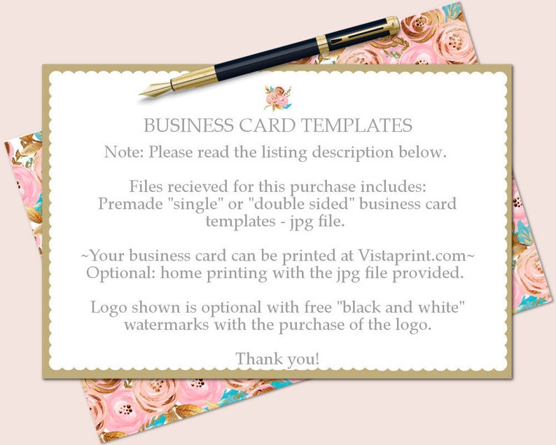 Premade Business Card Design Floral Rose Glitter Leaves Pink Gold Peach Blue White Business/Calling Card Printing Templates image 4