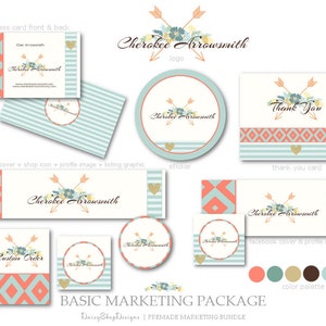 Premade Marketing Set Bohemian Tribal Marketing Kit-Boho Floral Arrow Marketing Logo Coral Teal Brown Yellow Etsy Marketing Package image 4