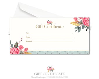 Premade Printable Gift Certificate for Small Crafty Business Owners | Floral Glitter | Gold Cyan Pink Beige | Gift Certificate Template