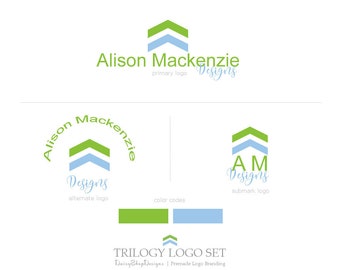 Premade Branding Package | Chevron Styled Arrows Branding Identity Trio Logo Suite | Green Blue White | Logo Branding Set