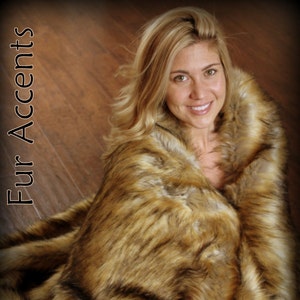 Faux Fur Throw Blanket - Light Golden Brown Coyote - Wolf - backed with Softest Minky Cuddle Fur - Fur Accents Original Designs - USA