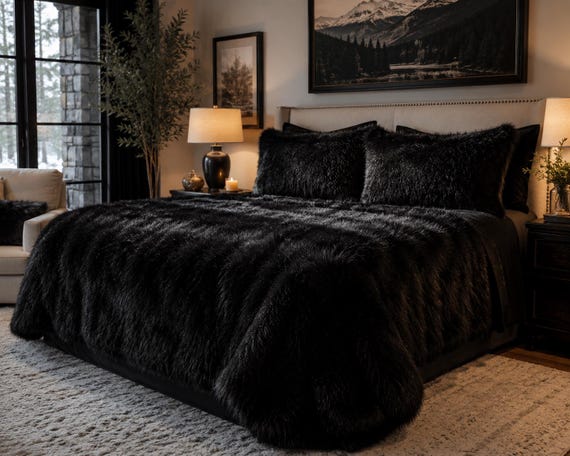 FUR ACCENTS Faux Fur Bedspread / Comforter / Throw Blanket / Black  Shaggy Mink