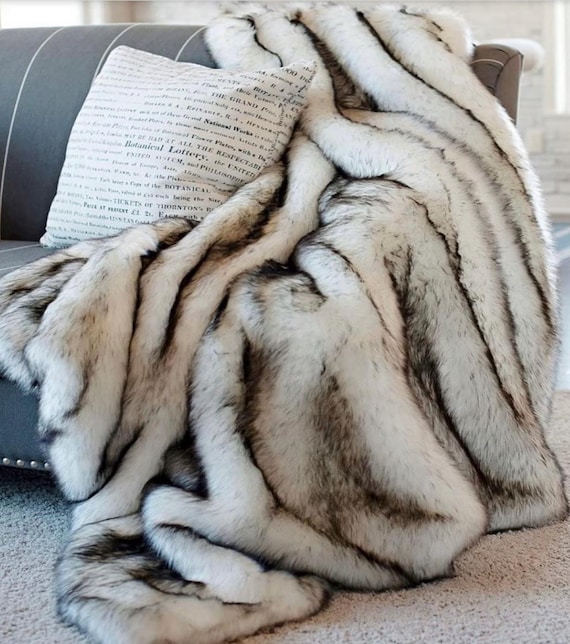 Faux Fur Throw Blanket - Russian Wolf - White With Black Tips Backed with Minky Cuddle Fur - Arctic Fox - Fur Accents Original Designs USA