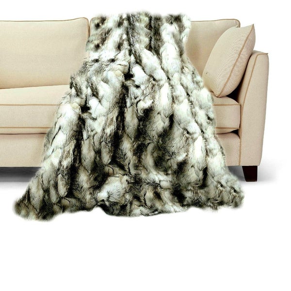 Luxurious Faux Fur Throw Blanket  - White , Black  & Gray Exotic Rabbit - Backed with Minky Cuddle Fur - Fur Accents Original Designs USA