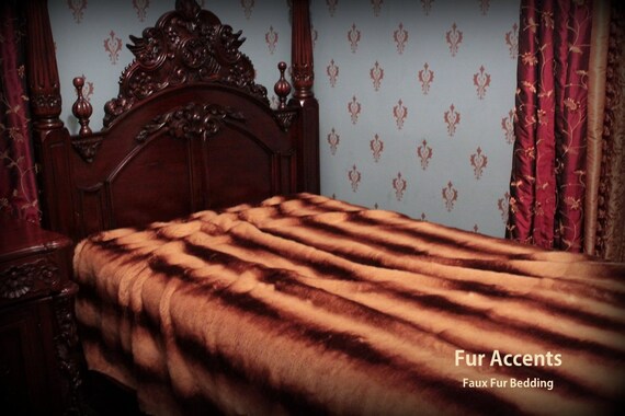 Fur Accents Faux Fur Bedspread Comforter Carmel And Brown Etsy
