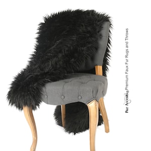 Luxurious Faux Fur Throw Blanket  - Black - Long Hair Mongolian, Llama Lambskin - Silky Soft Minky Cuddle Fur Back - Fur Accents Designs USA