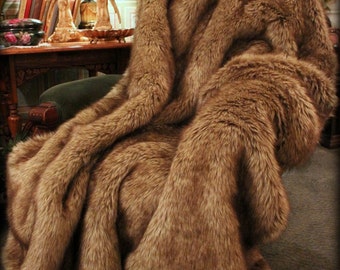 Luxurious Faux Fur Throw Blanket - Light Golden Brown Wolf Fur - Minky Cuddle Fur Lining - Designer Quality - Fur Accents USA