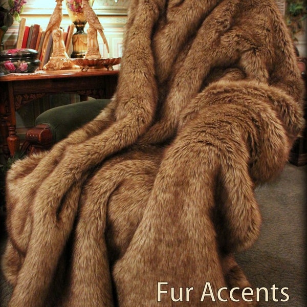 Luxurious Faux Fur Throw Blanket - Light Golden Brown Wolf Fur - Minky Cuddle Fur Lining - Designer Quality - Fur Accents USA