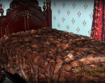 Plush Faux Fur Bedspread - Comforter - Throw Blanket - Brown Wolf - Bear - Wolverine -  Fur Accents Original Designs - USA