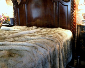 Faux Fur Bedspread - Comforter - Duvet - Throw Blanket - Russian Wolf - White With Black Tips or Brown Tips Lined with Soft Minky Cuddle Fur