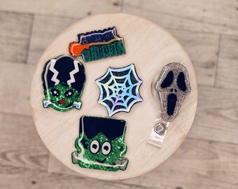 Halloween movie Badge Reel, Horror fan Badge Reel, Halloween Badge Holder , Frankenstein work Id, Scary Badge, Spider badge,  Gift For Nurse