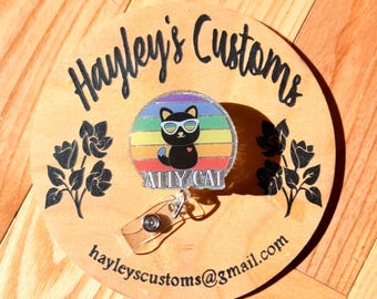 Ally Cat Pride Badge Reel, Rainbow LGBTQ Badge Holder