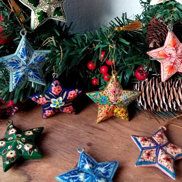 Colorful Painted Paper Mache Star Ornament, Christmas ornaments, Decoration Ideas for Christmas Tree, Hanging Stars