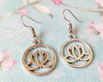 Round Silver Lotus Charm Earrings, Lotus Flower Jewelry, Yoga Gifts, Meditation Gifts, Spiritual Gifts, Zen Gift, Yoga Lover Gift