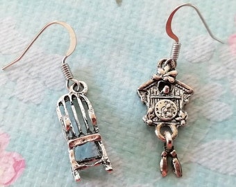 Rocking Chair and Cuckoo Clock Earrings - Grandmother Gifts - Vintage Earrings - Nickel Free Earrings - Granny Gifts -