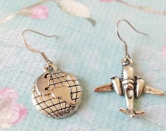 Globe and Plane Earrings, Travel Lover Gift, Travelling Jewellery, World Earrings, Travel Gift, Traveller Gift, Wander Earrings