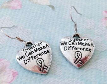 Breast Cancer Earrings - Together We Can Make A Difference - Breast Cancer Awareness - Heart Earrings - Breast Cancer Necklace