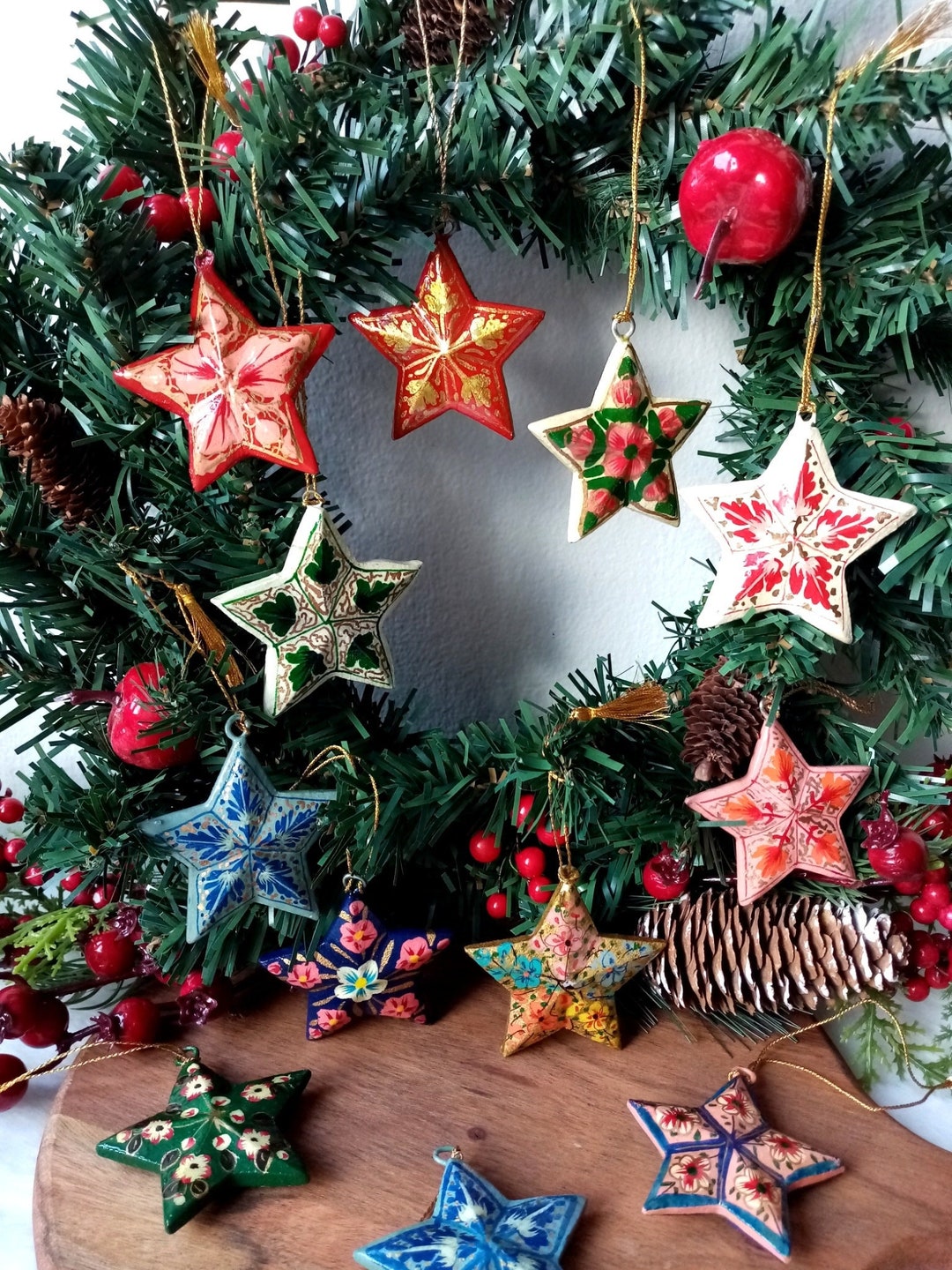 Colorful Painted Paper Mache Star Ornament, Christmas Ornaments